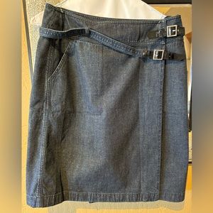 CHANEL Rare Buckle Belted Denim Wrap Skirt With Pocket & CHANEL Logo Hardware